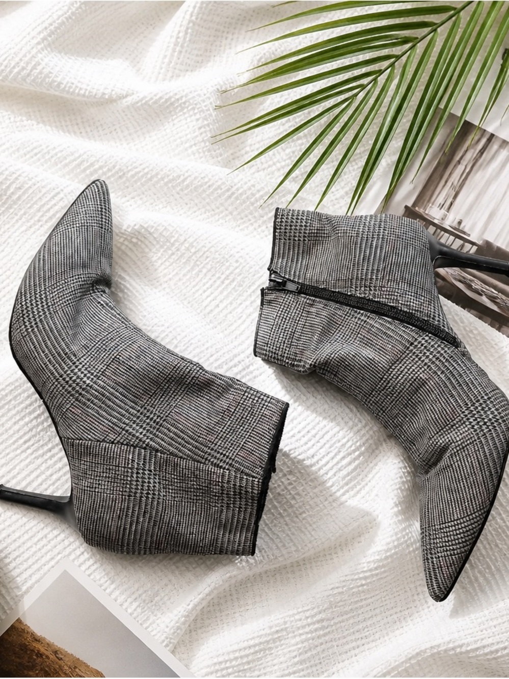 Cabi Plaid Pointed-Toe Stiletto Ankle Boots in Gray